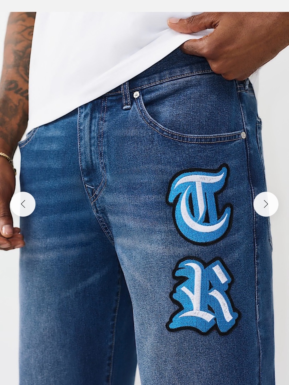 True Religion Men's Blue Denim Jeans with Light-Blue Patch Logos
